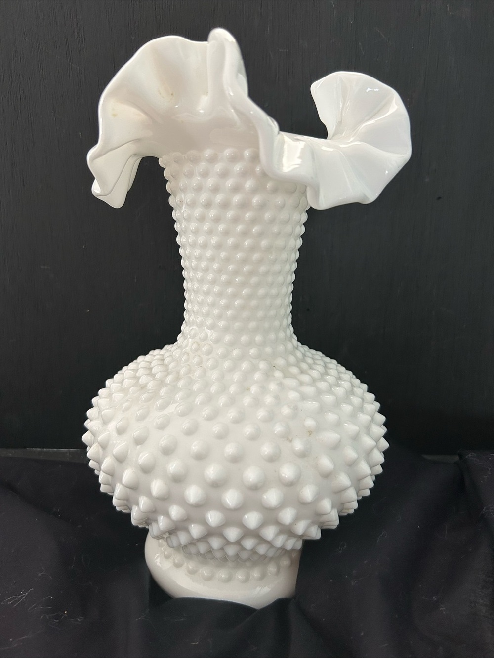 Fenton White Milk glass Hobnail Ruffled Crimped Top Vase